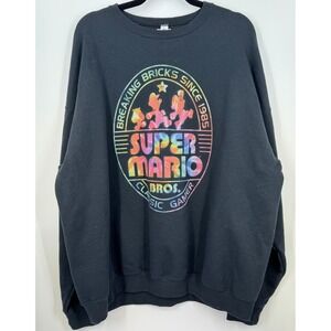 Retro Gamer Super Mario Bros Graphic‎ Crewneck Sweatshirt Black Rainbow Logo 2XL